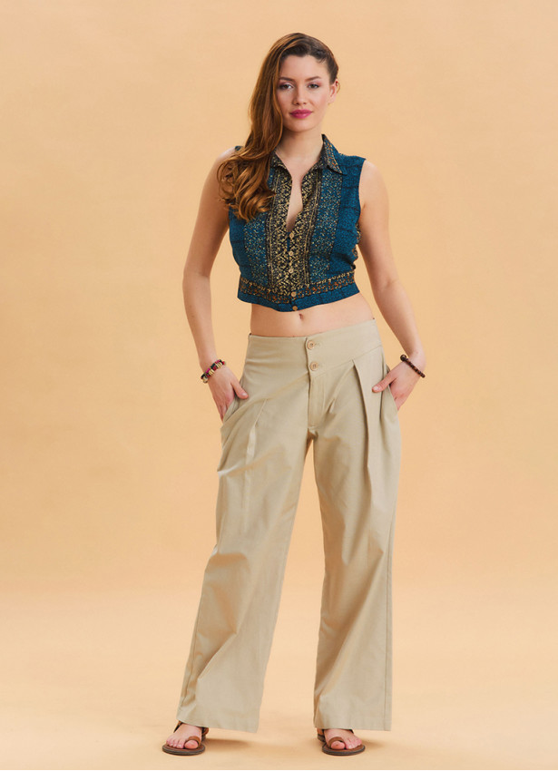 Pleated Bias Cut Buttoned Cream Bohemian Trousers 4465